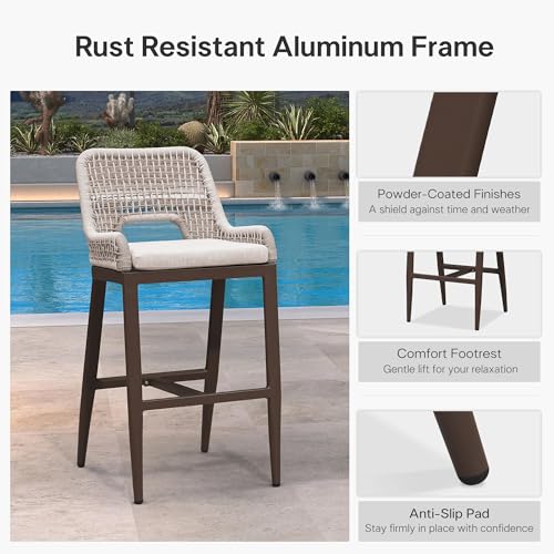 Image of PURPLE LEAF Bar Stools Set of 2 Bar Height Metal Bar Chairs with Back Modern Tall Comfy Wicker Woven Boho Garden Pool Patio Outdoor Barstools, Bronze