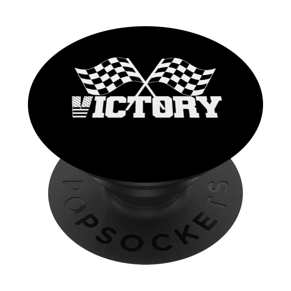 Checkered VICTORY White Pit Crew Car Racing Flag PopSockets Swappable PopGrip, Black