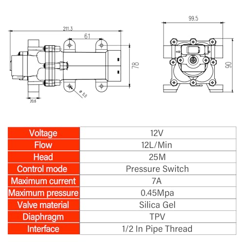 Image of IMOR 12V 100W Diaphragm Water Pump, 3GPM 65PSI Self-Priming Booster Pump with Hose Connector & Strainer, 1 /2 inch Compact Pump for Agriculture, Garden, RV, Marine, Car Wash, Industry