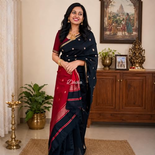 Image of Original Maheswari Cotton Silk Saree for Women | Kanjivaram Pure Silk Cotton Sari with Blouse | Zari Work | Tassels | Handloom Weave