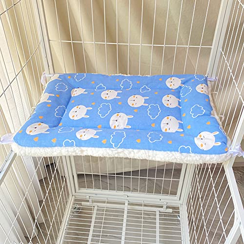 Yuriya ペット マット ケージ用 猫 ベッド 落ちない 四隅紐付 ふわふわ ボア キャンバス リバーシブル スクエア型 暖かい 洗える 犬 布団 ずり落ち防止 通年 ウサギブルー 38*58cm