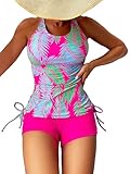 SOLY HUX Women's Floral Print Tankini Bathing Suits Swim Tank Top with Boy Shorts Two Piece Swimsuit Hot Pink Tropical XL