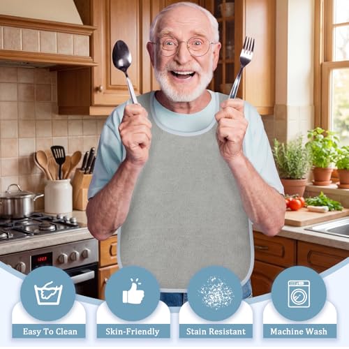 Funnysoft 12 Pack Adult Bibs for Men Women Washable Adjustable Elderly Bib with Hook and Loop Sticker for Old Disabled Eating(Light Gray, Blue)