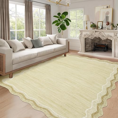 GarveeHome Large Scalloped Rugs 10x13 for Living Room Bedroom Washable Scalloped Solid Rug Non-Slip Stain Resistant Carpet Easy Clean Kids&Pet Friendly Carpet for Farmhouse Dining Room Dorm Beige