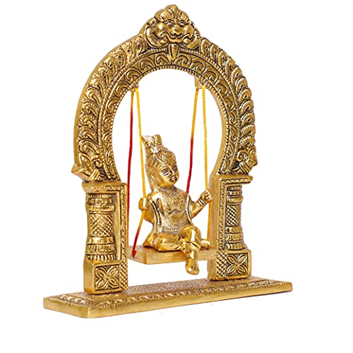 Image of KridayKraft Metal Laddu Gopal Swing Jhula Gold Plated Krishna Jhula palna for Temple,Pooja Room, Decor Your Home,Office & Gift Your Relatives On Wedding,Anniversaries,Birthday.