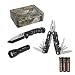 MOSSY OAK 3-Piece Multi-Tool Folding Pocket Knife with Focus LED Flashlight Set - Camouflage Iron Box - Tanto Blade Tactical Knife - Ideal for Camping, Hiking, Hunting, Fishing, Survival, Military