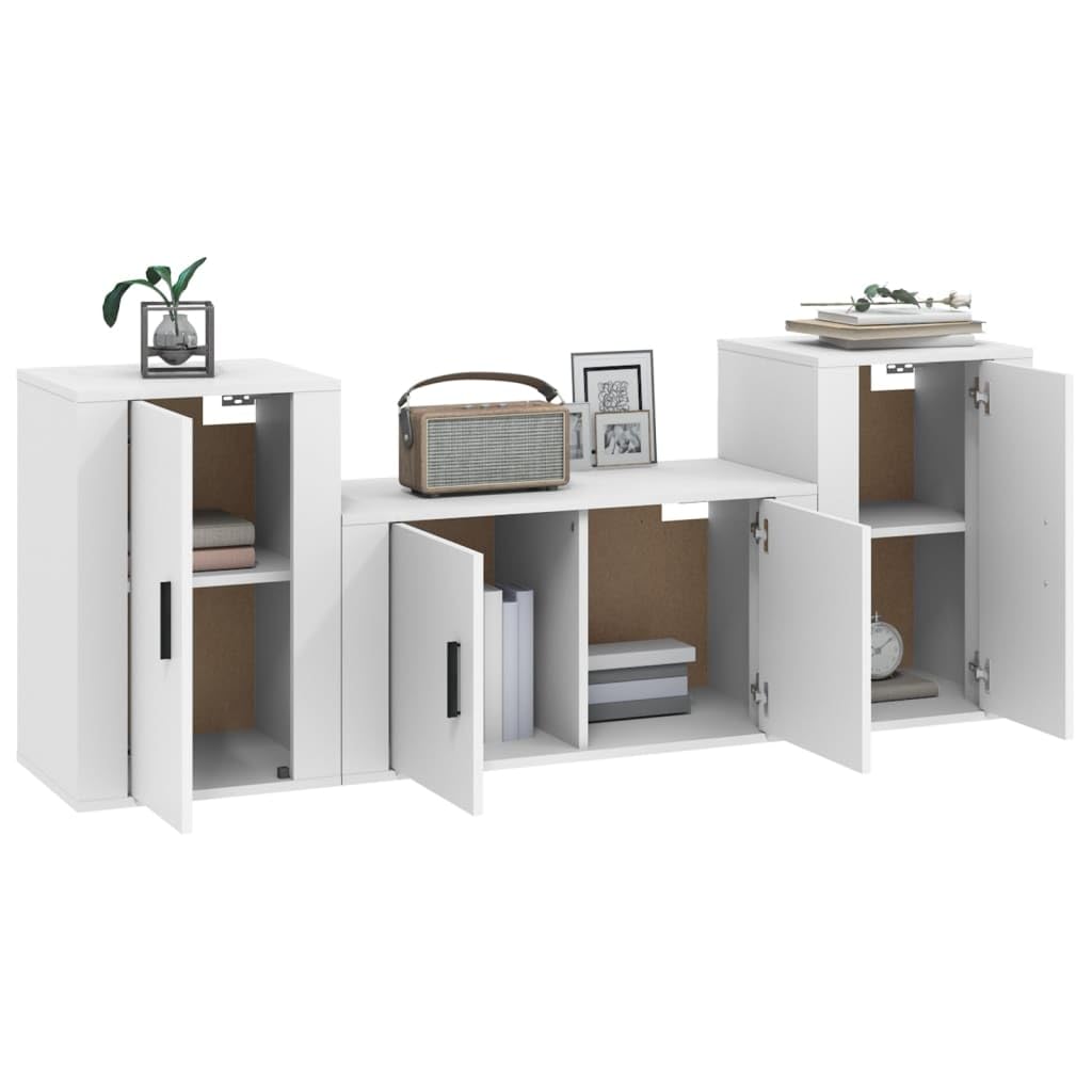 3-TLG. TV-Schrank-Set, Weiß, Holzwerkstoff, Modernes Media-Center für Wohnzimmer, Schlafzimmer, Stabile TV-Konsole, Wandmontage, Reichlich Stauraum