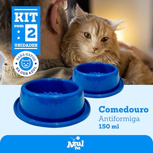 Kit Comedouro Antiformiga para Gatos, 2 Unidades, 150 ml, Azul