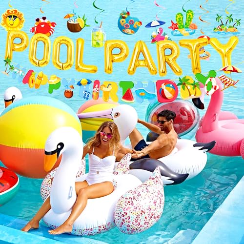 Image of Summer Pool Beach Party Decoration, Pool Party Birthday Bash Party Decorations Tropical Balloons Banner for Kids Swimming Water Luau Tropical Hawaii Party Decoration Supplies