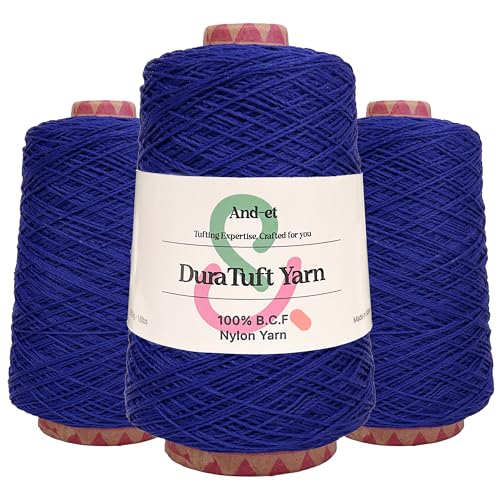 Image of And-et DuraTuft Yarn 45 Vibrant Colors Tufting Nylon Yarn Pack - Ideal for Crochet, Craft Projects - 100% B.C.F. - 3 Cones x 1.66lbs (640yards) - Perfect for Rug Weaving and Knitting (28 Ultramarine)