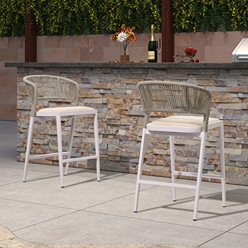 Purple Leaf Counter Height Bar Stool Set Of 2 Modern Aluminum Rattan Wicker Outdoor Barstools With Backrest And Cushion For Kitchen Lawn Pool Bar Chairs White #TOP7