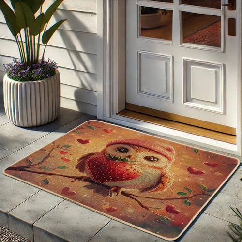 Paillasson mignon en caoutchouc antidérapant facile à nettoyer pour entrée intérieure et extérieure Motif chouette rouge 73,2 x 43,2 cm