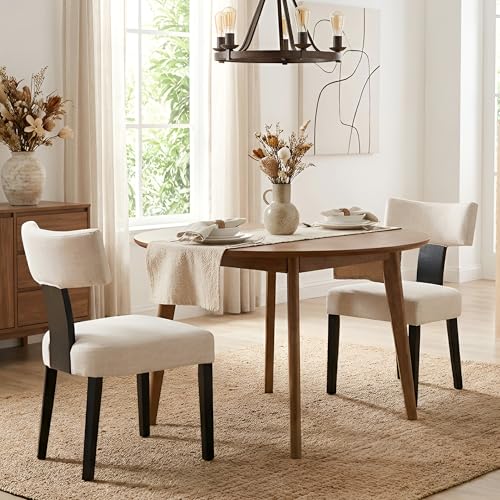 Image of HNY Mid Century Modern Farmhouse Dining Chairs Set of 2, Linen Upholstered Accent Chair Curved Backrest Kitchen Chairs, with Black Hardwood Frame, Beige