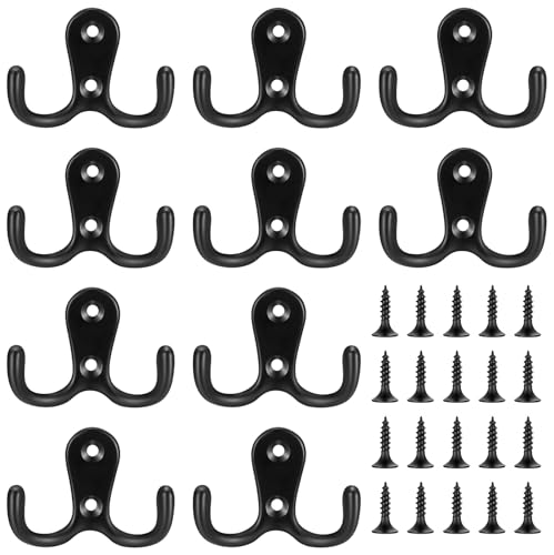 Image of XKQYX 10 Pcs Coat Hooks Heavy Duty, Double Prong Door Clothes Hooks Wall Mounted Metal with Screws for Coat, Scarf, Bag, Towel, Key, Cap, Cup, Hat, Robe Screw in Hooks - Black