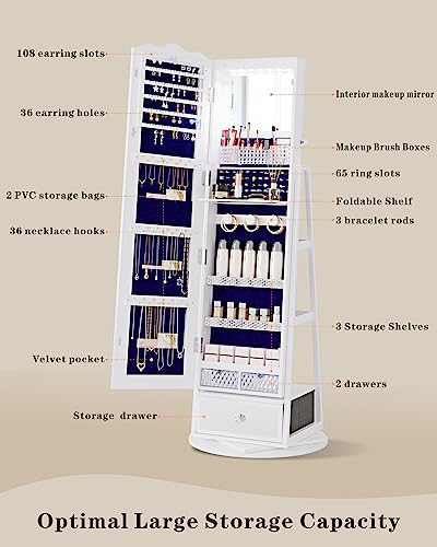 Image of HWB 360 Rotating Jewelry Armoire with 53'' Full Length Mirror, Standing Lockable Jewelry Cabinet Organizer with Lights, Built in Makeup Mirror, Large Storage Capacity with Drawer&Shelves White