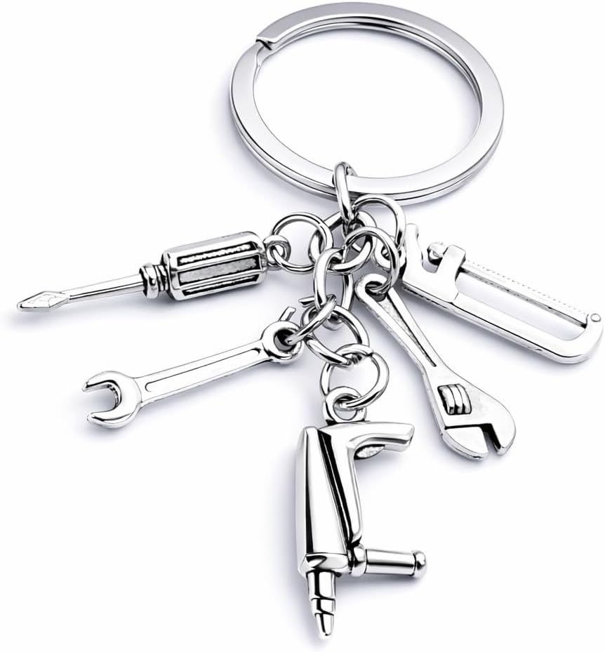 Carpenter Keychain – Woodworker Handyman Keychains Bag Charm for Women with Wrench, Pliers Saws, Drills and Screwdriver, Cool Key Chains Gifts for Engineers, Father, Friends
