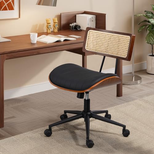 Newnno Home Office Chair with Wheels, Adjustable Height Desk Chair with Rattan Backrest, Leather Swivel Computer Chair, Armless Modern Walnut Chair for Office, Meeting Room, Black Newnno Home Office Chair with Wheels, Adjustable Height Desk Chair with Rattan Backrest, Leather Swivel Computer Chair, Armless Modern Walnut Chair for Office, Meeting Room, Black