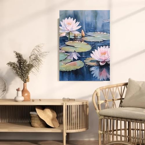 Toile paysage fleur de lotus style chinois avec cadre intérieur 30x50 cm pour salon