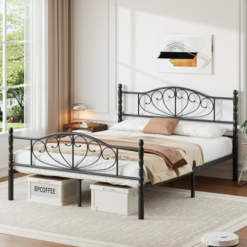 Goltriever 12 Inch Queen Platform Bed Frame with Victorian Style Headboard and Footboard, Heavy Duty Metal Bed Frame No Box Spring Needed, Noise Free, Easy Assembly, Black