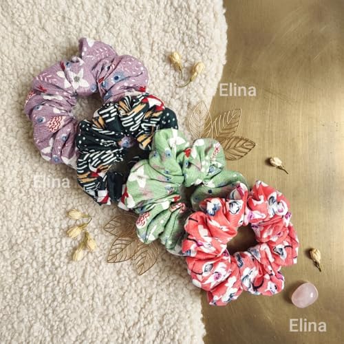 Image of Elina Luxury Printed Scrunchies Set Anti-Hair Breakage, Dark Patterned Hair Ties for Girls & Women, Soft Elastic Ponytail Holders, Best Gift For Mom, Sister, Friends (Pack of 12)(Dark Prints Mix)