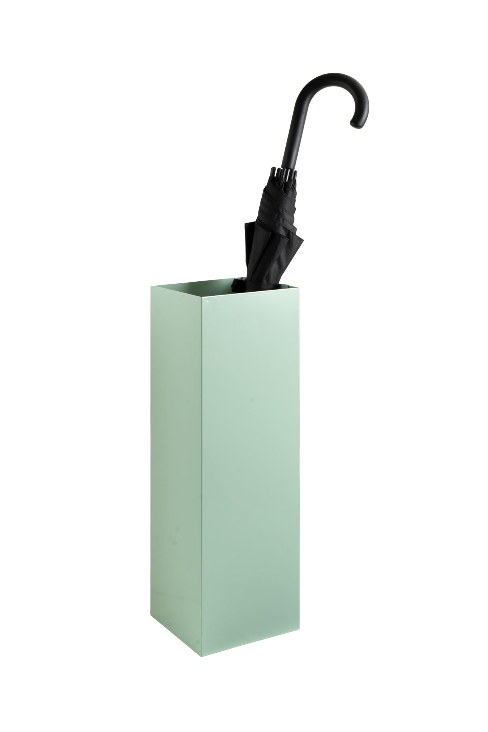 Portaombrelli verde con design moderno in metallo per casa e ufficio, supporto di design, 2 ganci, 2 vaschette di raccolta dell'acqua rimovibili, 15,5 x 15,5 x 49 cm, quadrato, portaombrelli