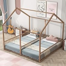 Double Floor Bed for Twins,Twin Size House Bed with Roof and Fence for 2 Kids,Two Shared Beds,Twin House Platform Beds,Metal Floor Bed Frame with Rails for Boys Girls Teens Gold-@45