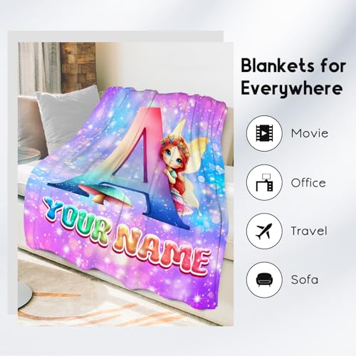 Blanket for Girls - Custom Kids Blankets with Name - Fairy Gifts for Toddlers Kids - Flannel Fuzzy Initial Throw for Sofa & Office