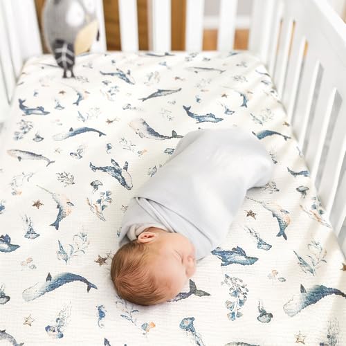 Image of GRSSDER 100% Cotton Muslin Crib Sheet 2 Pack - Breathable & Ultra-Soft Fitted Crib Sheets for Standard Baby & Toddler Mattresses, 52 inchx28 inch with 9 inch Deep Pocket, Snug Fit All-Around Elastic