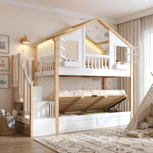Litera White + Pine White + PineCon Base Hidráulica, Escalera De Almacenaje, Ventana Lateral Y Estructura De Madera, Diseño Cama Casita Tipo Cama Litera para Habitación Juvenil Completa