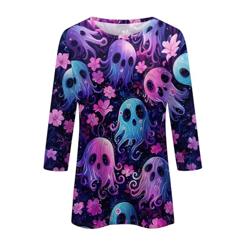 Cute Funny Halloween Shirts for Women Plus Size 3/4 Length Long Sleeve Womens Tops Witch Gothic Renaissance Shirt