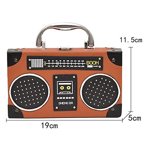 Vintage Radio Recorder Clutch Handbag Leather Top Metal Handle Crossbody Small Box Bag Shoulder Bag, Brown