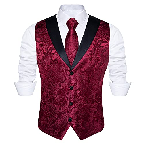 Image of DiBanGu Mens Paisley Vest Silk Sleeveless Suit Vest and Neck Tie Pocket Square Cufflinks Set for Wedding Formal