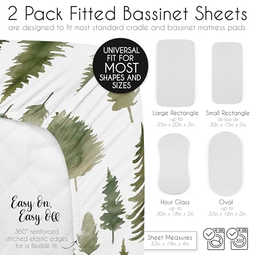 Image of Sweet Jojo Designs 2-Piece Baby Bassinet Sheets Set (Sage Green Woodland) for Girls /Boys, Infant Newborn Nursery, Oval, Rectangle & Hourglass Mattress (Solid Hunter & Forest Themed, Nature, Pine Tree)