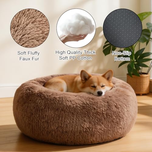 Image of Dog Calming Beds for Large Dogs Round Donut Washable Large Sized Dog Bed | Anti-Slip Faux Fur Fluffy Donut Cuddle Anxiety Pet Bed Up to 95 Lbs(36 inch Khaki)