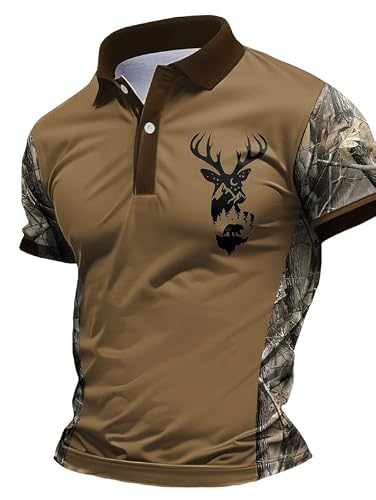 Huazomeehzm Men's # 2 Casual Polo Shirts Turn Down Collar Blouse Deer Printed Short Sleeve Golf Tennis Polo T-Shirts