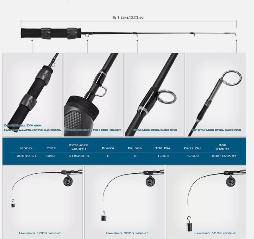 Portable Fishing Pole ，20" Ultra-Short Ultra-lightIce Rod and Reel Combo 1+1B Ice 51cm Fiberglass Fish
