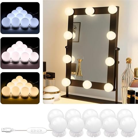 tento Hollywood Style Led Vanity Mirror Lights Kit - 10 Bulbs Dimmable and 3 Colors (Warm, Natural White and Cool White) - Vanity Lights for Makeup Dressing Table Lighting Strip Cover