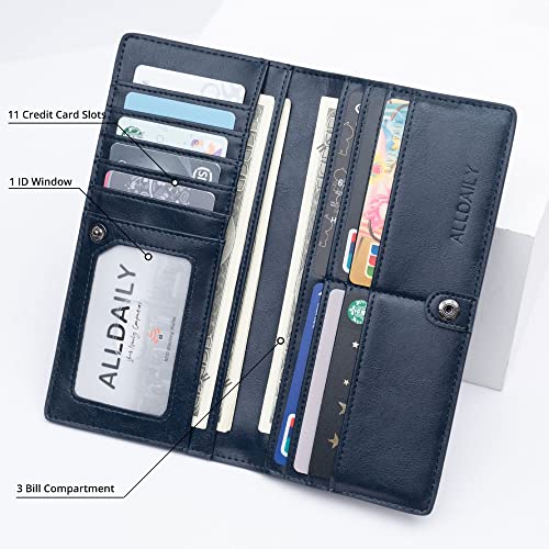 Image of Alldaily Ultra Slim Thin Women Wallet RFID Blocking Credit Card Holder Bifold Long Ladies Billfold (Dark Blue)