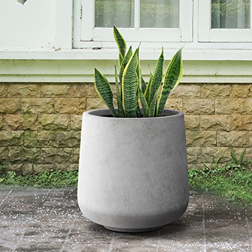 Image of Kante Pale Gray Concrete Planter 16.5 inch Dia All-Weather Round Large Pot | Handcrafted Cement Curved, Anti-Frost & UV Outdoors, Plug for Indoor, Lightweight & Durable, Modern Home, Garden, Porch