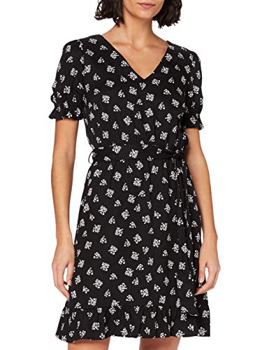 MERAKI Vestido Corto Evasé Mujer, Negro Blanco Estampado de Flores Pequeñas, M