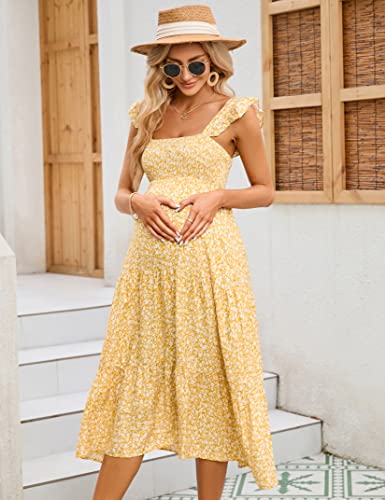 Image of KOJOOIN Womens Maternity Dress Summer Sleeveless Smocked Square Neck Ruffle Casual Boho Midi Dress Baby Shower Photoshoot
