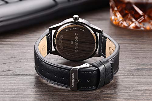 CHRONOS Quartz Black Leather Men's Wrist Watch Waterproof Classic Black Dial Large Number Calendar Timepiece