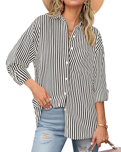 BTFBM Womens Button Down Shirts Striped Shirt Long Sleeve Casual Collared Office Work Loose Fit Blouses Tops Pocket
