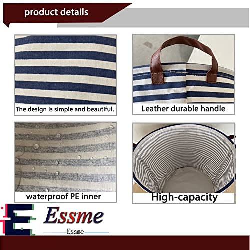 Image of ESSME 2pack Kids Laundry Hamper,Boys laundry basket,Collapsible Bule storage basket with Waterproof PE Coating,Canvas Fabric Nursery Hamper for Kids Room Decor,Toy storage,Gift,Baby Clothing.(2pack Navy Blue stripes)