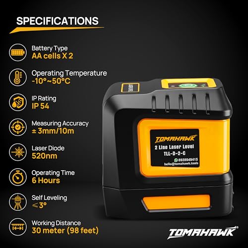 Image of TOMAHAWK TLL 02-D-C, Compact 2 Green Line Laser Level - 98ft Green Cross Self-Levelling Laser Line for Construction Vertical /Horizontal Magnetic Base, Adjustable Brightness