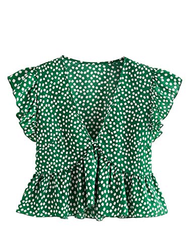 Milumia Women Boho Disty Floral Deep V Neck Peplum Top Ruffled Sleeve Blouses Shirts Green Large