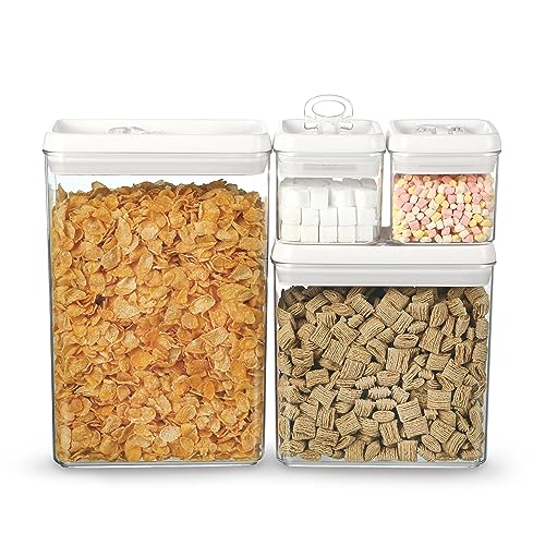 Felli Flip Tite Storage Container with Lid 4" RECTANGULAR Air Tight Ring Flip Top, Stackable Acrylic Canister for Kitchen Counter Pantry, Cereal Granola Pasta Spice, Christmas Gift (4pk, Variety)