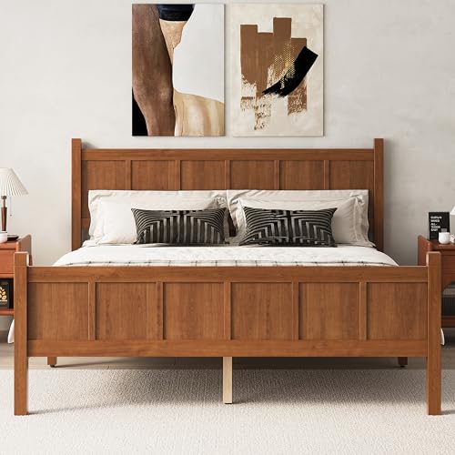 Image of Queen Size Vintage Bed Frame with Headboard, Farmhouse Wooden Platform Bed with Under-Bed Storage, Minimalist Modern Wood Grain Finish Bedframe for Bedroom (Light Walnut)