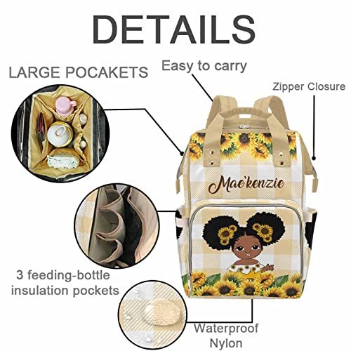 M YESCUSTOM Personalized Name Diaper Bag for Women, Customized Sunflowers Casual Nursing Mommy Daypack, Yellow Checks Nursing Backpack with Large Capacity