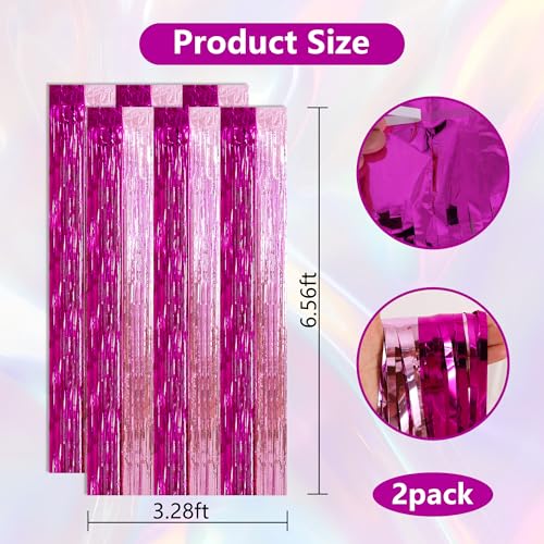 Image of BEISHIDA Hot Pink Pink Door Streamers Backdrop Foil Fringe Tinsel Party Streamers Curtains Photo Backdrop -2Pcs for Girl Birthday Valentines Baby Shower Graduation Bachelorette Party Decoations